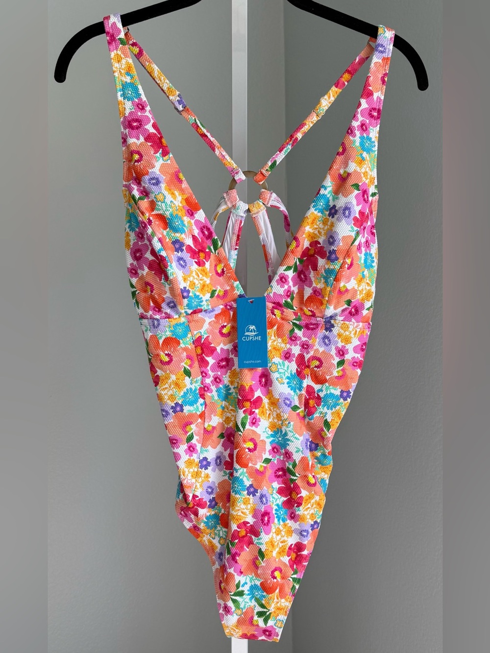 CUPSHE Women’s Floral One-Piece Deep V-neck Keyhole O Ring Swimsuit - NWT XL